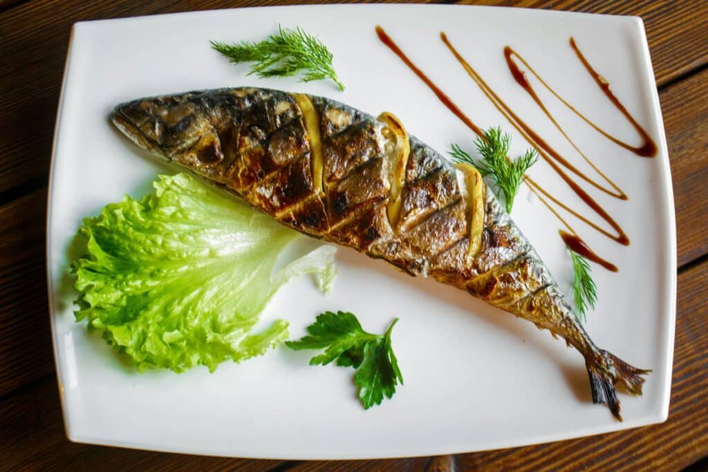 Beautifully plated grilled fish with fresh greens and sauce drizzles, perfect for gourmet dining.